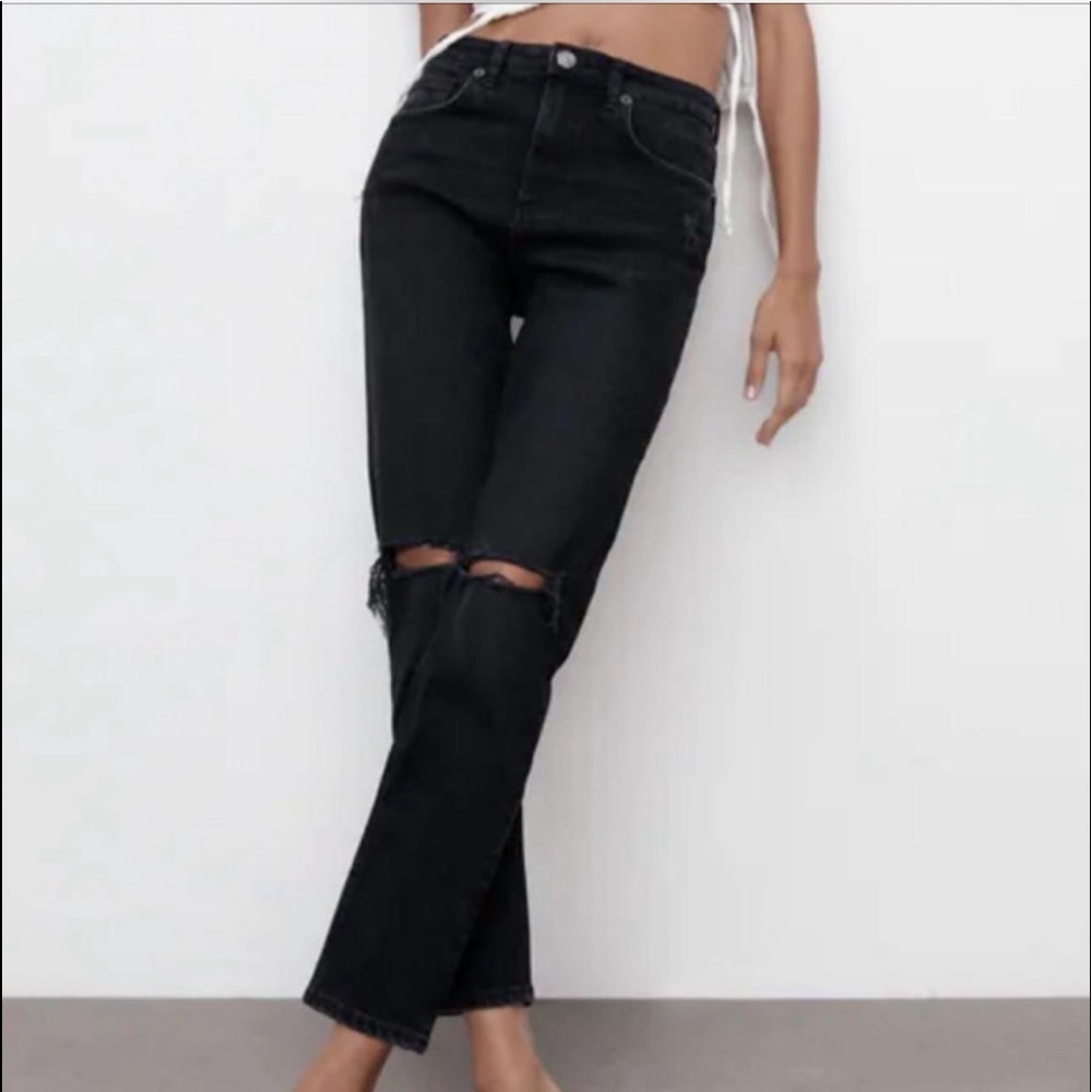 ZARA straight leg black distressed jeans